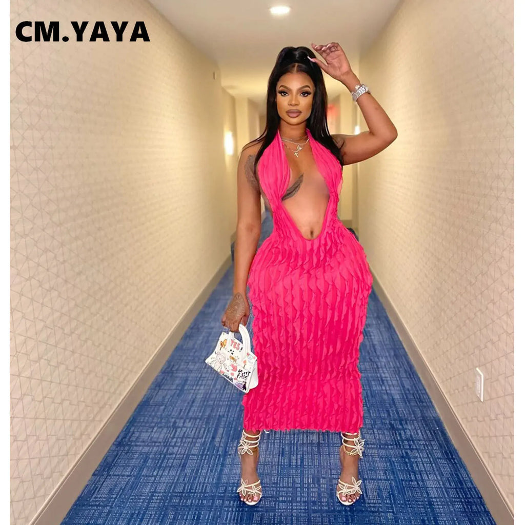 CM.YAYA Women Halter Deep V-neck Backless Sleeveless Wave Bodycon Midi Maxi Dress 2023 Summer Street Sexy Party Vestidos Dresses