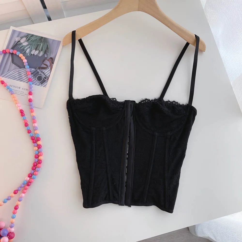 Sexy Embroidery Lace Women Camis Tops Women Corset Bralette Cami Front Buttons Crop Cute Vest Elegant French Chic Party Clubwear