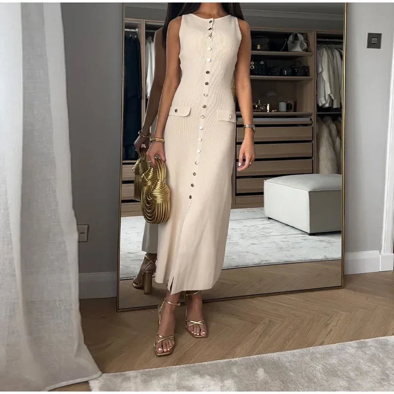 Elegant New Fake Pockets Knitted Long Dress Fashion Single Button Sleeveless O Neck Slim Dresses Summer Lady Commute Party Wear