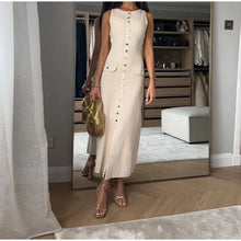 Load image into Gallery viewer, Elegant New Fake Pockets Knitted Long Dress Fashion Single Button Sleeveless O Neck Slim Dresses Summer Lady Commute Party Wear