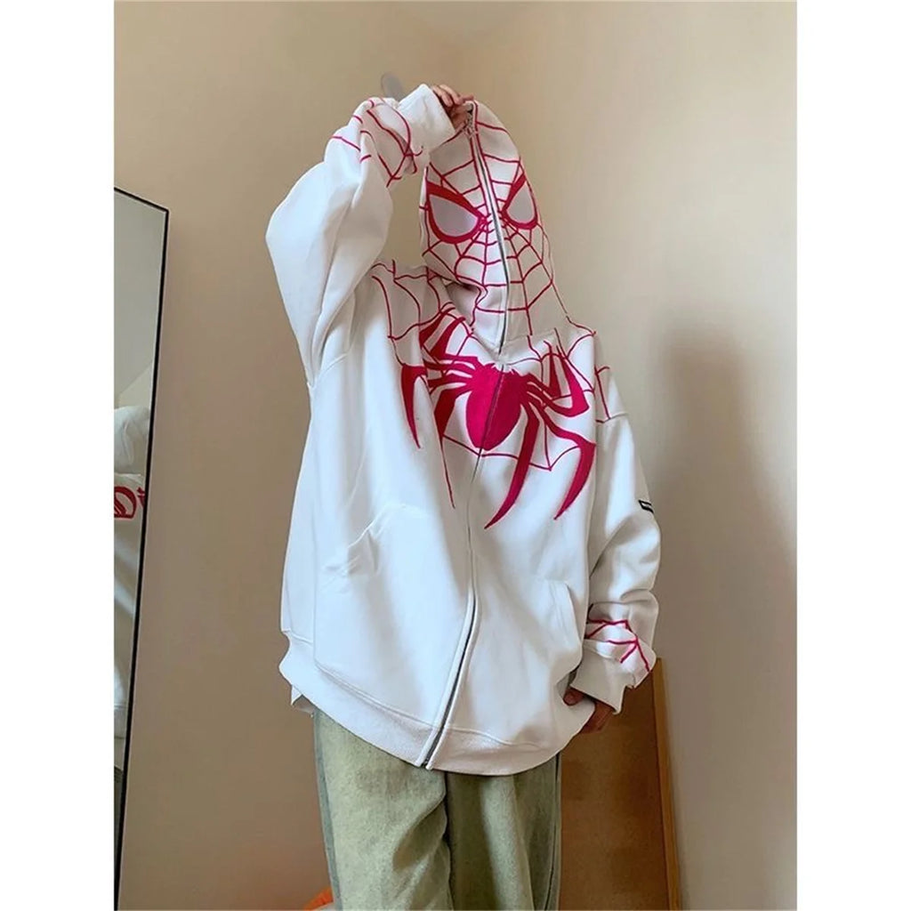 Embroideried Spider Full Zip Up Hoodies Women Men Long Sleeve Loose Jacket Hood Shirt Harajuku Hip Hop Streetwear Y2K Sweatshirt