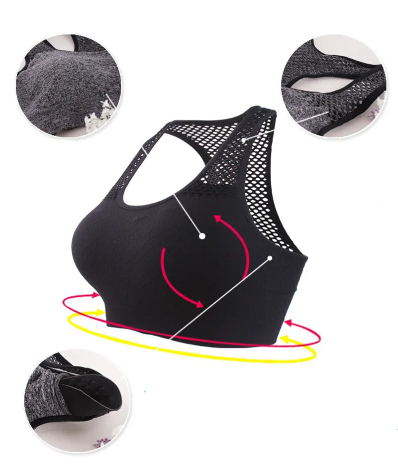 Mesh Sports Bra Hollow Out Sport Top Seamless Fitness Yoga Bras Women Gym Top Padded Running Vest Shockproof Push Up Crop Top