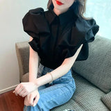 Korean Vintage Puff Sleeve Women Summer Chic Black Fashion Blouse Design Office Lady Tops Harajuku Casual White Tops