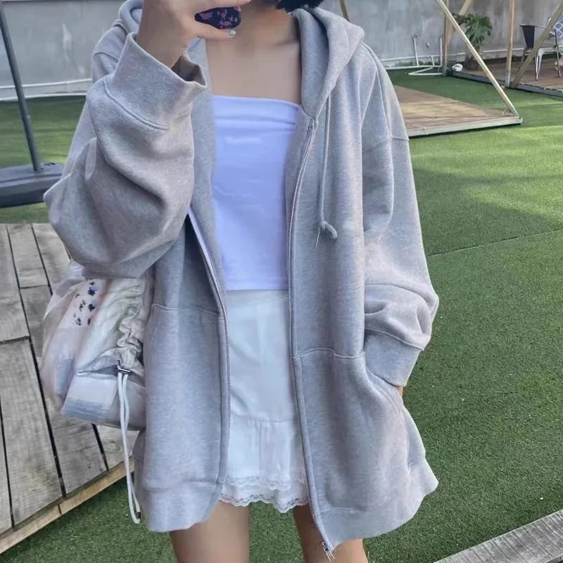 Oversize Women Hoodies Casual Solid Zip Up Hooded Sweatshirt Harajuku Korean Loose Couple Hoodie Jacket Coat Streetwear