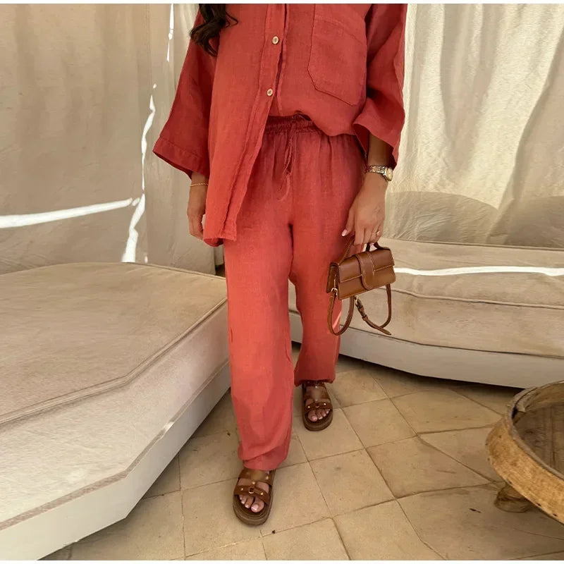 Causal Linen With Pocket Shirt Pants Suits Women Wide Leg Pants Long Sleeves Shirt Sets Ladies Loose High Street 2 Piece Outfits