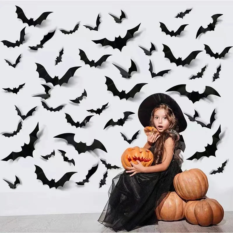 12pcs Halloween Bat Wall Sticker 3d Sticker Bar Haunted House Decoration Prank Toy Props