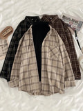 JMPRS Vintage Women Plaid Shirts Autumn Long Sleeve Oversize Button Up Tops Korean Loose Casual Fall Outwear Femme Shirts