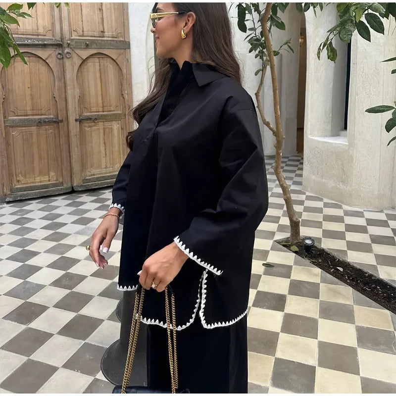 Women Vintage Solid Loose Pants Suit Lapel Single Breasted Long Sleeve Shirt Wide Leg Pants 2 Pcs Set 2024 New Ladies Streetwear