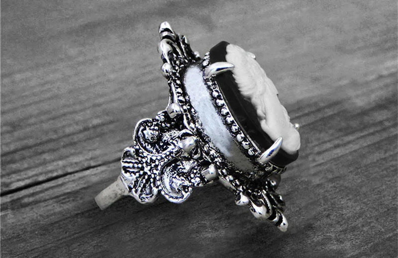 Vintage Leaf Lady Queen Cameo Rings For Women Antique Silver Plated Flower Cross Pink Cameo Ring Fashion Jewelry