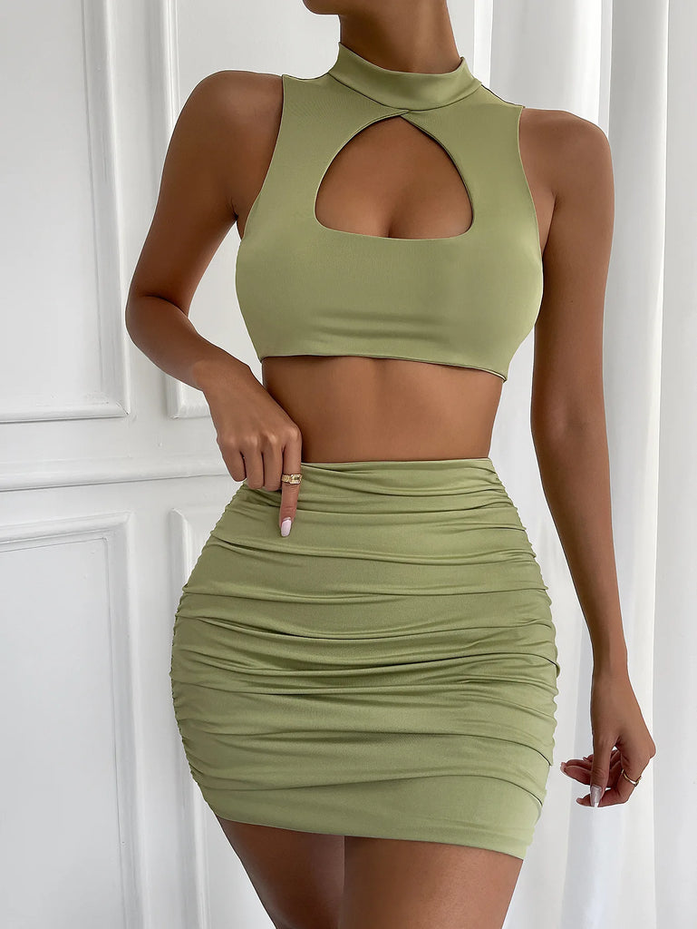 Fairyshely 2 PCS Sexy Ruffle Mini Dress Set 2024 Green Deep V Top Summer Skirts Suits Bodycon Women Party Tight Short Dress Suit