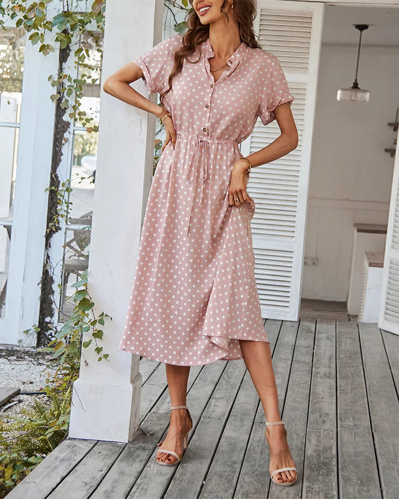 Ladies Polka Dot Print Shirt Dress Women Casual Midi Holiday Summer Dress Female Loose Women Beach Dress Sundress Robe Vestidos