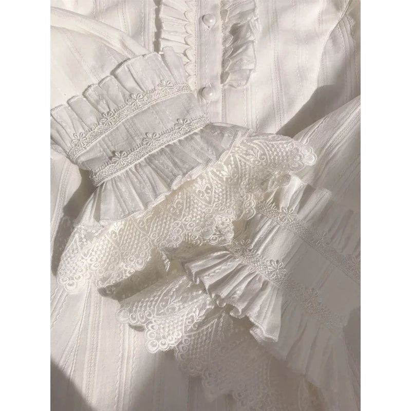 Japanese Preppy White Shirts Women Vintage Victorian Elegant Lace Ruffles Blouses Sweet Lolita Long Sleeve Slim Crop Tops New