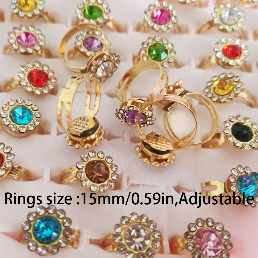 12/36PCS/set Adjustable Kids Crystal Rings Jewelry Heart Star Square Open Finger Ring For Children Girl Party Gift