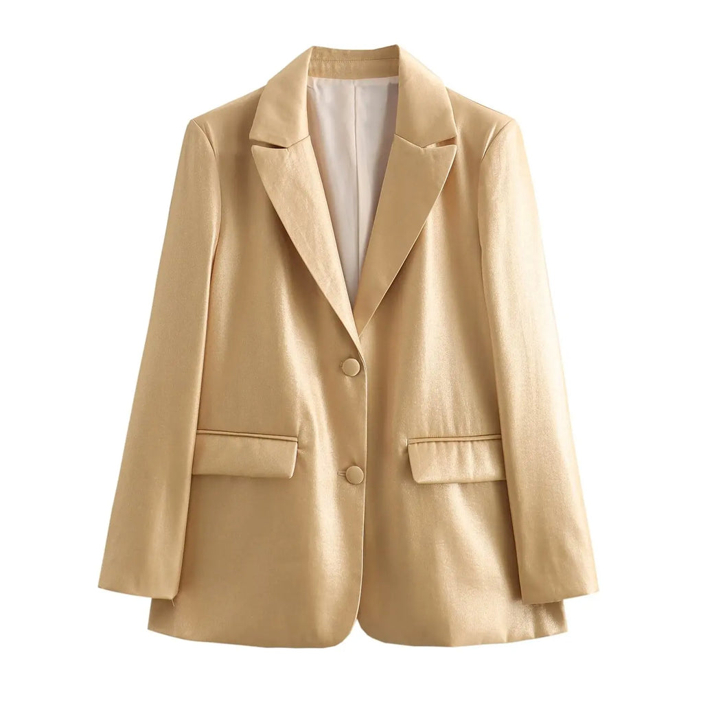 TRAFZA Spring Fashion Women Blazer Tops Gold Turn-Down Collar Long Sleeves Pockets Single Breasted Female Chic Coats Office Lady