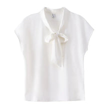 Load image into Gallery viewer, Bow Tie Blouse Shirt for Women OL Elegant Blouses Satin Womens Tops Silk Female Clothing 2023 Korean Fashion Short Sleeve Blouse