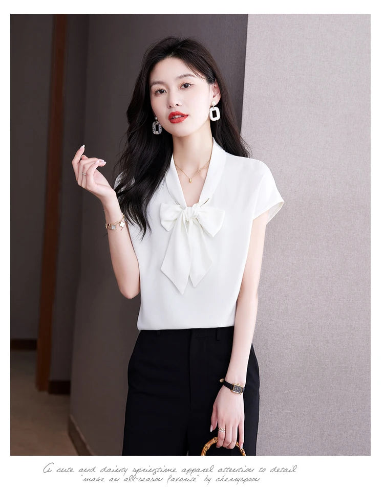 Bow Tie Blouse Shirt for Women OL Elegant Blouses Satin Womens Tops Silk Female Clothing 2023 Korean Fashion Short Sleeve Blouse