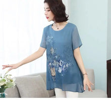 Load image into Gallery viewer, Summer Floral Printed Chiffon Shirt Short Sleeve Female Clothing Loose Stylish Asymmetrical Commute O-Neck Spliced Midi Blouse