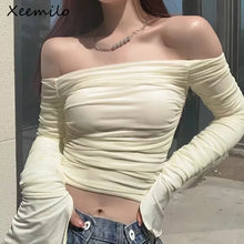 Load image into Gallery viewer, Xeemilo Mesh Ruched Long Sleeve T Shirt Sexy Off Shoulder Bodycon Women Streetwear Crop Tops 2023 Summer Solid Elegant T-shirts