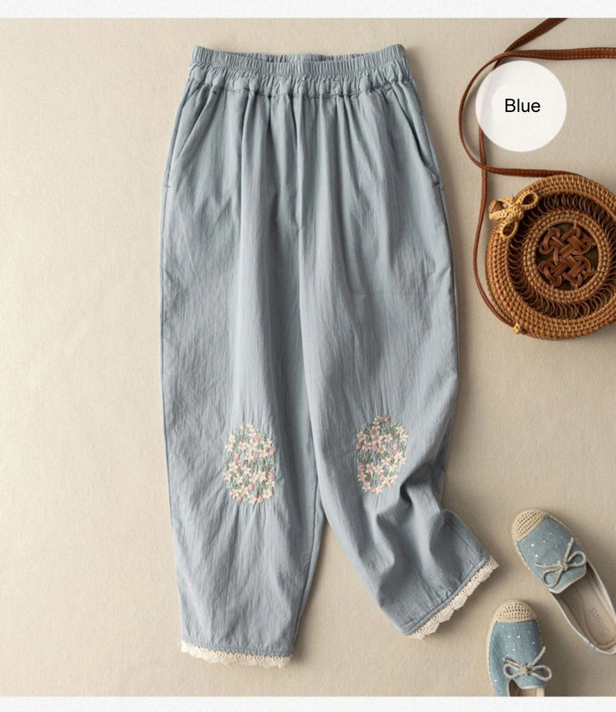 Cotton Flower Embroidery Casual Pants Literary Vintage Loose Slim Lace Wide Leg Trousers Breathable Harem Pants