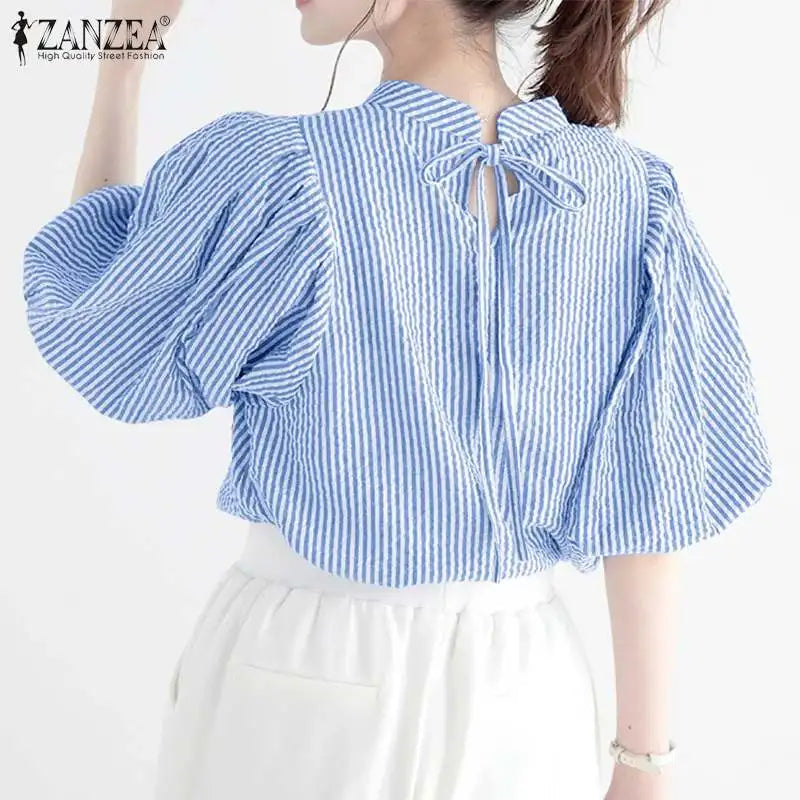 ZANZEA Women Summer Elegant Striped Shirt Fashion 3/4 Lantern Sleeve Blouse Office Work Tops Casual Female Loose Party Blusas