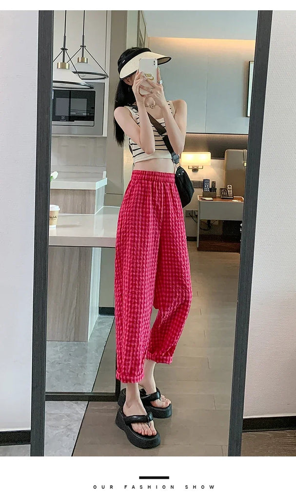 New Women's Checkered Cotton Hemp High Waist Casual Haren Pants Summer Korean Fashion Loose Women Seven Split Wide Leg Pants