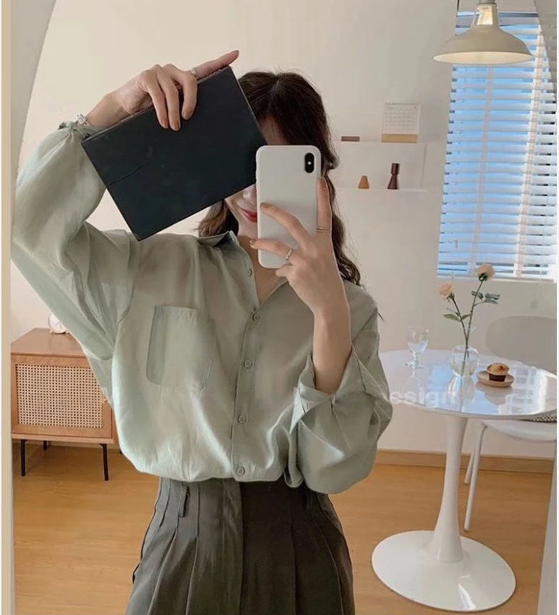 White Shirt Women Fashion Simple Preppy Style Summer Thin Top Casual All Match Korean Loose Long Sleeve Sunscreen Blouse New