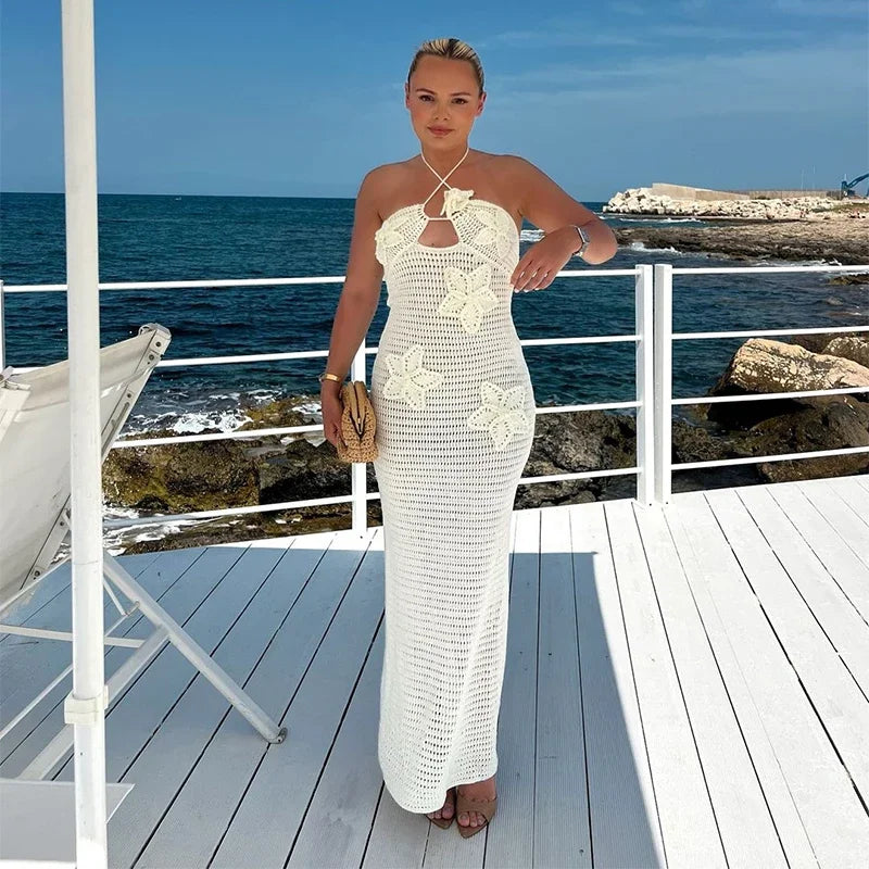 Fashion Halter Crochet Hook Solid Maxi Dresses Women Elegant Backless Off Shoulder Slim Long Dress 2024 New Lady Beach Robes