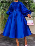 CM.YAYA Women Lantern Long Sleeve Button Front with Sashes Big Swing Satin Retro Dress 2024 Street Even Party Dresses Vestidos