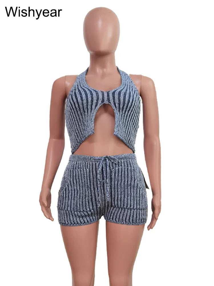 Beach Party Two Piece Set Women Ribbed Knitted Halter Backless Corset Camisole Top and Drawstring Shorts Sexy Night Club Outfits