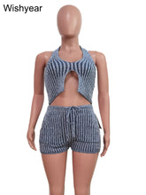 Load image into Gallery viewer, Beach Party Two Piece Set Women Ribbed Knitted Halter Backless Corset Camisole Top and Drawstring Shorts Sexy Night Club Outfits