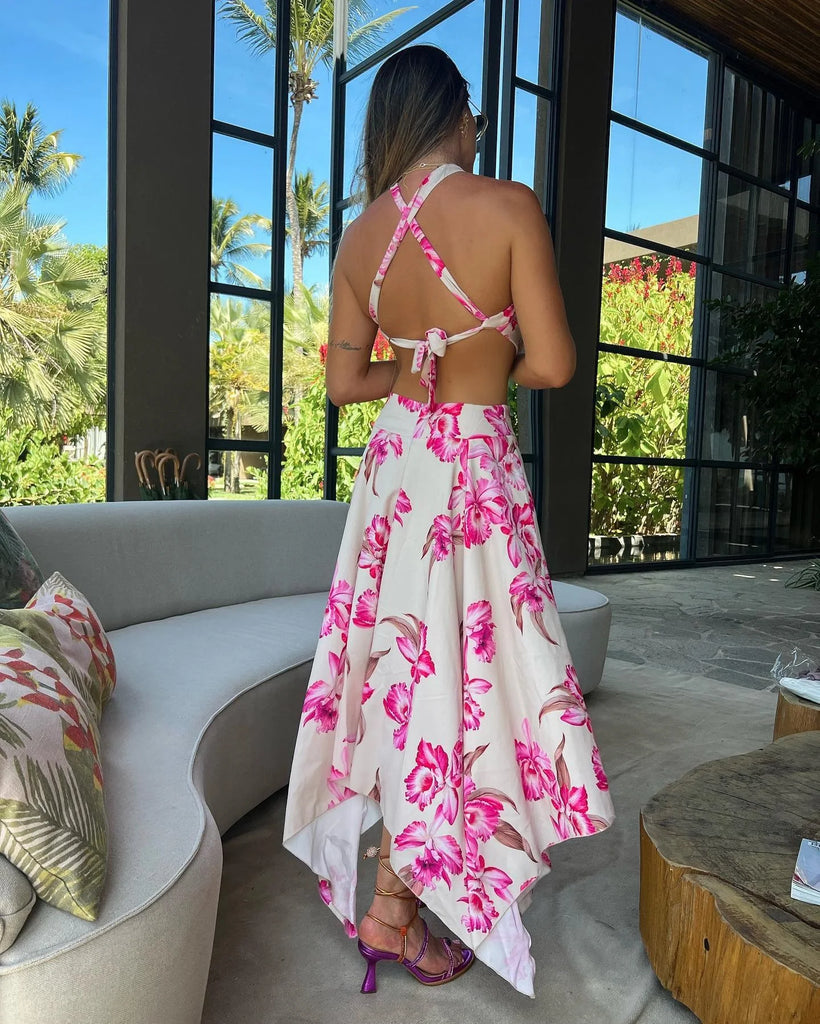 New Bohemian Sexy Printed Women Dresses Halter Sleeveless Backless Naked Waist Long Dress Fashion Summer Beach Holiday Robe