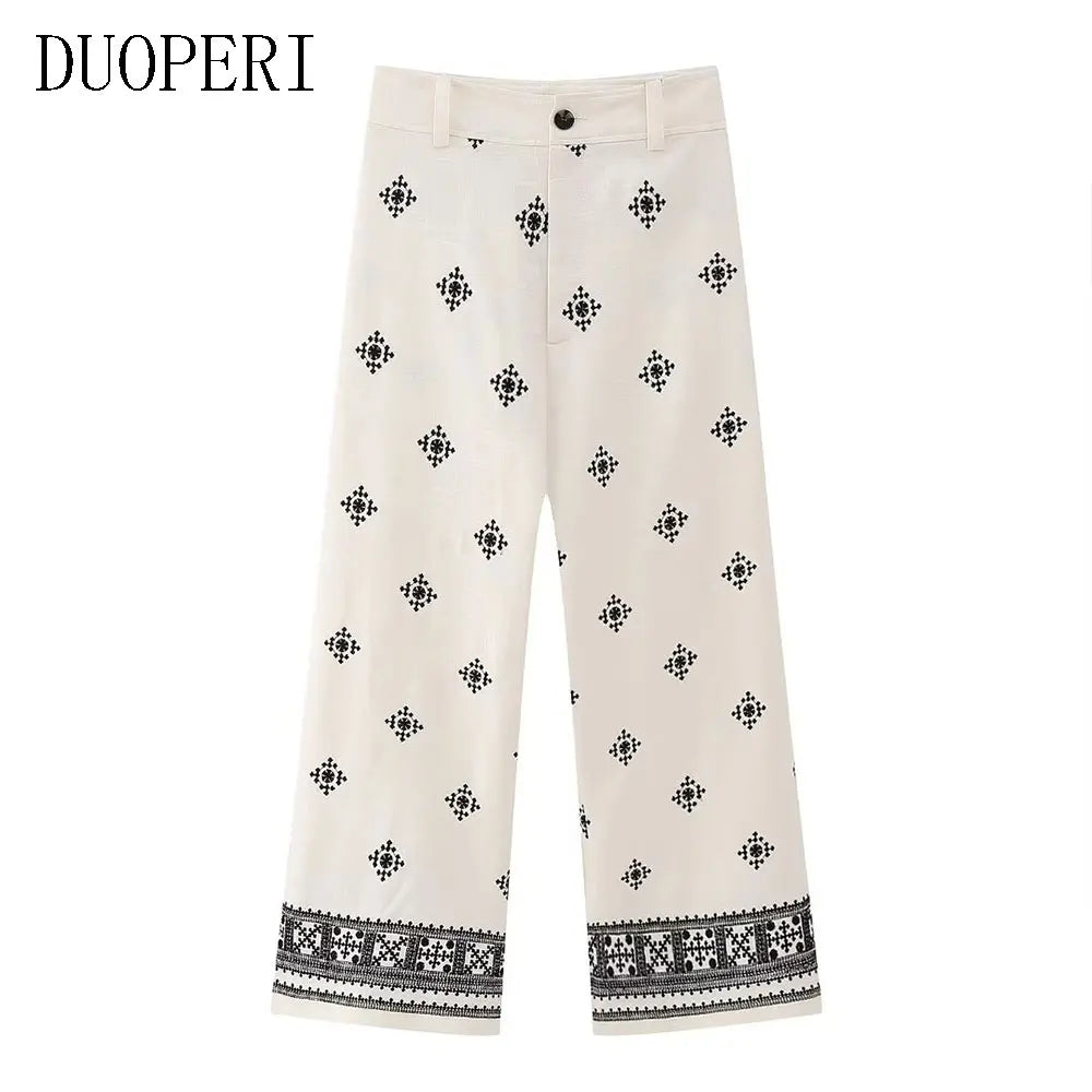 DUOPERI Women Fashion Linen Embroidery Straight Pant High Waist Full Length Female Chic Lady Casual Vintage Long Flax Trousers