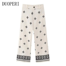 Load image into Gallery viewer, DUOPERI Women Fashion Linen Embroidery Straight Pant High Waist Full Length Female Chic Lady Casual Vintage Long Flax Trousers