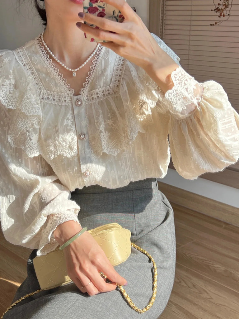 Vintage French Women Shirts Lace Lolita Elegant Long Sleeve Flounce Blouse High Quality Office Lady New Fashion Chic Female Tops