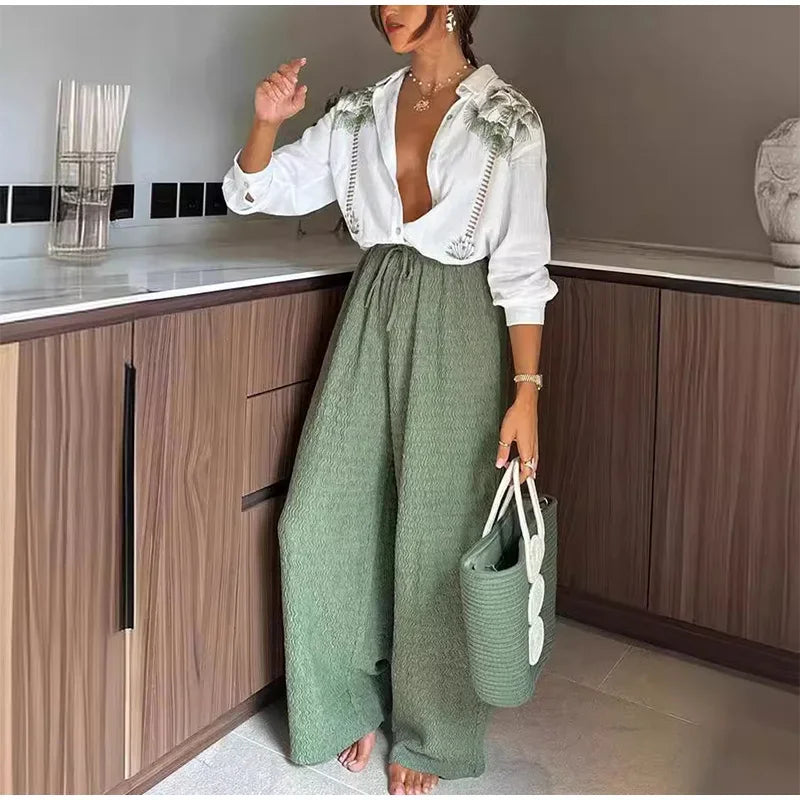 Casual Green Print Shirts Set Women Loose Single Breasted Blouses Pleated Drawstring Wide Leg Pants 2024 Summer Lady Outfit