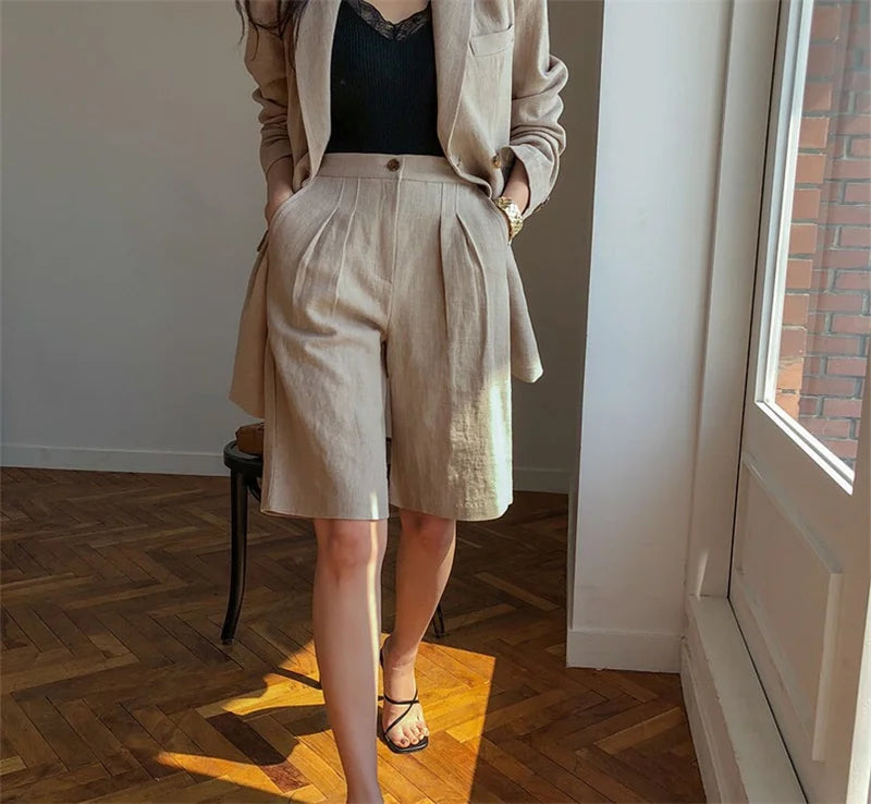 Flax Suit Women's Spring Summer 2023 New Casual Thin Cotton  Linen Small Blazers+shorts Two-piece Sets Comfortable Khaki Suits