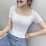 Blouse Women Lace Top Women's Short-Sleeved Summer Square Collar Sexy Cutout Shirts Blusas Ropa De Mujer