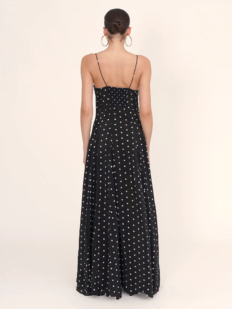 Sexy Black Spotted Backless A-line Sling Long Dresses Elegant Sleeveless High Waist Slim Dress Summer Lady Vacation Party Robes