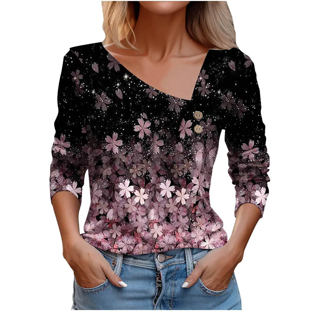 T Shirt For Women Fashion Long Sleeve Top White Floral Print Shirts And Blouses Autumn Winter Clothes For Women 2024