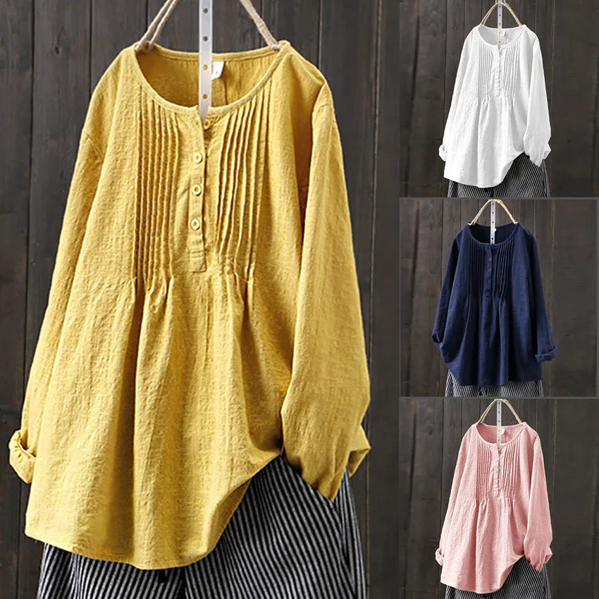 2024 Korean Style Temperament Blouse for Women Fashion O-neck Pleated Long-sleeved Casual Shirts Females Loose Cotton Linen Tops