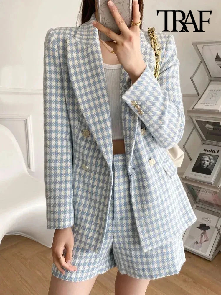 TRAF Women Fashion Houndstooth Double Breasted Tweed Blazer Coat Vintage Long Sleeve Flap Pocket Female Outerwear Chic Veste