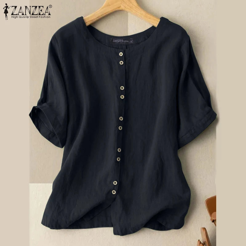 ZANZEA Summer Casual Loose Tunic Tops Women Vintage OL Shirt O Neck Short Sleeve Blouse Solid Cotton Blusas Buttons Down Chemise