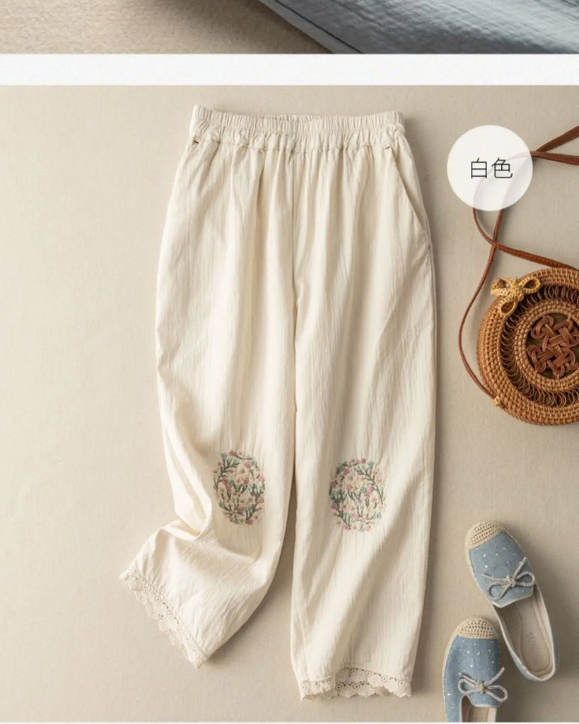 Cotton Flower Embroidery Casual Pants Literary Vintage Loose Slim Lace Wide Leg Trousers Breathable Harem Pants