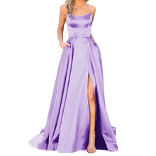 Load image into Gallery viewer, Sexy Backless Long Evening Prom Dress Purple Side Slipt Maxi Dress Women A Line Spaghetti Straps Satin Prom Gowns Formal Vestido