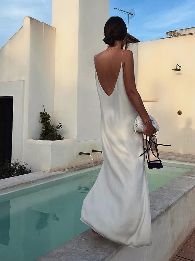 Women Sexy V Neck Backless Split Long Dress Chic Sleeveless Solid Loose Maxi Dresses Summer Fashion Lady Vacation Beach Wear