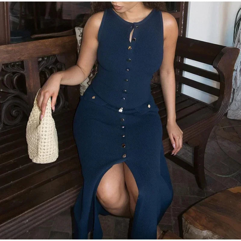 Elegant New Fake Pockets Knitted Long Dress Fashion Single Button Sleeveless O Neck Slim Dresses Summer Lady Commute Party Wear