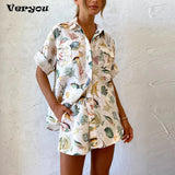 New Summer Casual Short Sleeve Print Button Turndown Collar Shirt Blouses High Waist Shorts Suit Women Elegant 2 Piece Set 2024