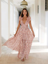 Load image into Gallery viewer, Sexy Pink Printed Deep V Neck Hollow Out Dress Women Sleeveless Ruffle Floral Split Long Dress Vacation Party Beach Vestido