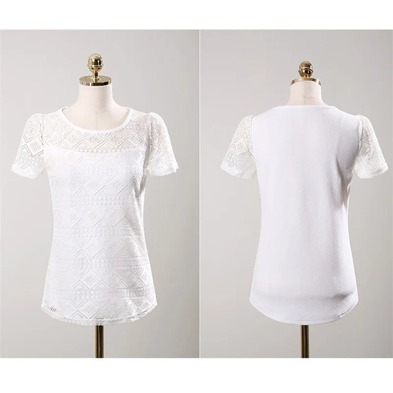 Women Summer Chiffon Blouse Lace Crochet Female Korean Shirts Ladies Blusas Tops Shirt White Blouses Slim Fit Tops 2024 New