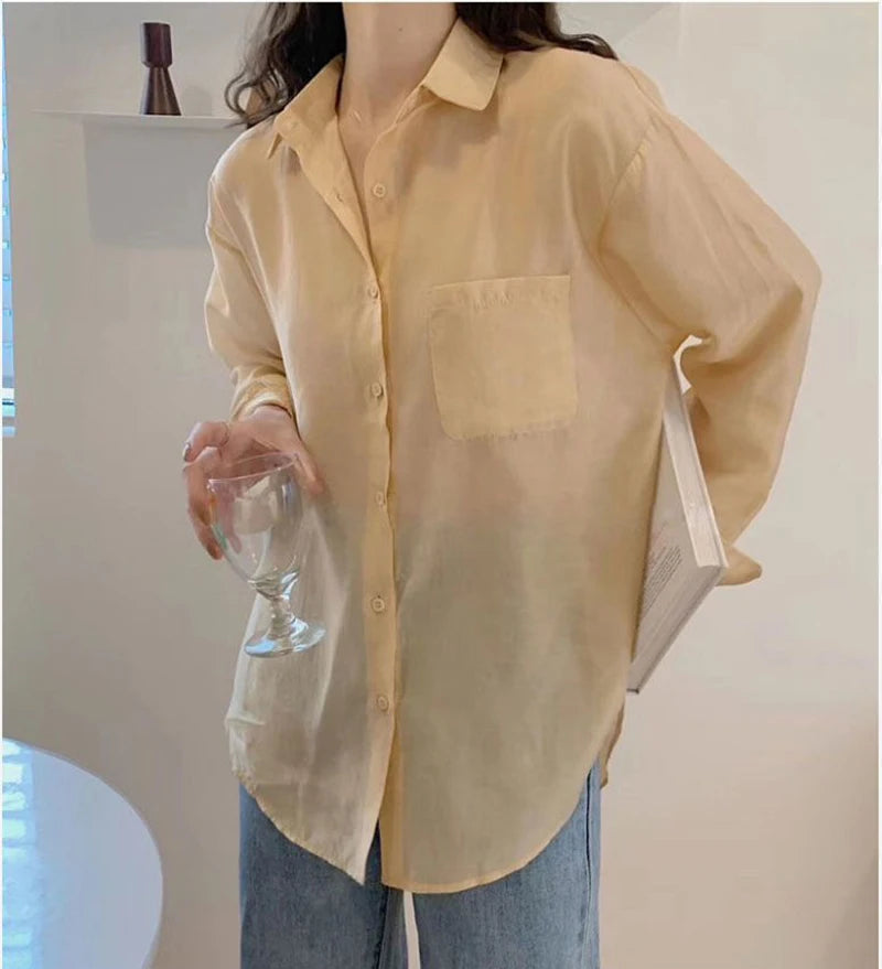 White Shirt Women Fashion Simple Preppy Style Summer Thin Top Casual All Match Korean Loose Long Sleeve Sunscreen Blouse New